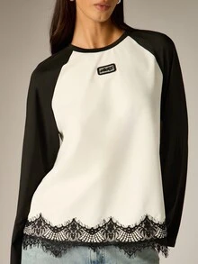 AiiRZ Contrast Raglan Long Sleeve Blouse With Black Lace Hem Trim And Logo Patch Detail Crew Neck Top - Black and White - View 4