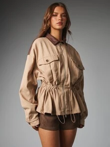 MISSGUIDED Oversized Utility Jacket With Faux Leather Contrast Yoke Collar Drawstring Waist Patch Pockets Full Zip Closure Fall Winter Outerwear - Khaki - View 4