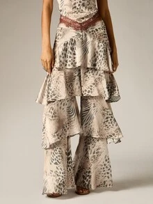 AiiRZ Tiered Ruffle Wide Leg Pants Mixed Animal Print Satin Flared Full Length Lace Trim Waist Party Festival Summer Holiday - Multicolor - View 1