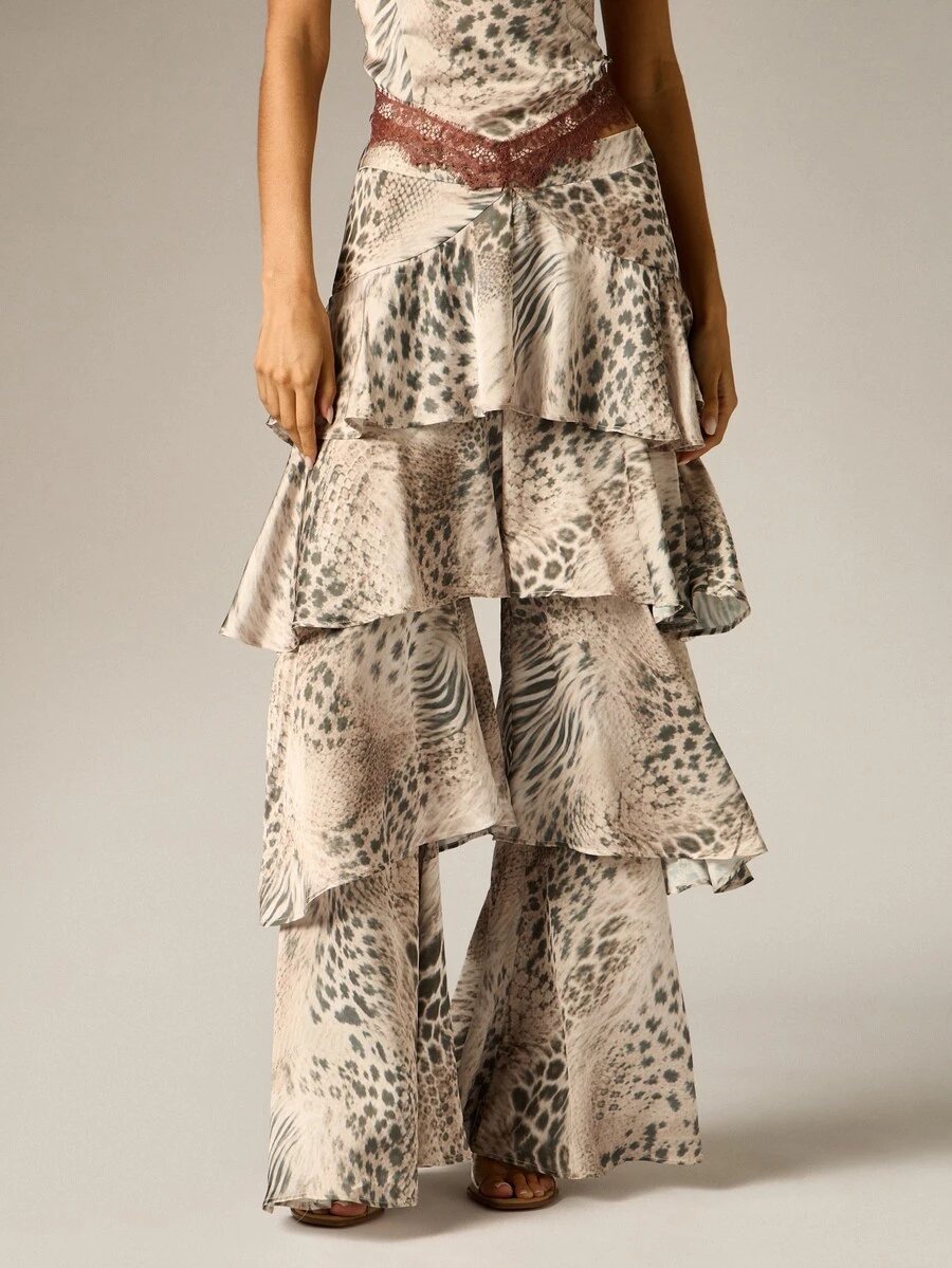 AiiRZ Tiered Ruffle Wide Leg Pants Mixed Animal Print Satin Flared Full Length Lace Trim Waist Party Festival Summer Holiday - Multicolor - View 1