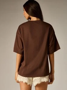 AiiRZ Oversized Boxy Crew Neck Short Sleeve Solid T-Shirt Relaxed Fit Drop Shoulder Casual Everyday Essential Top - Brown - View 2