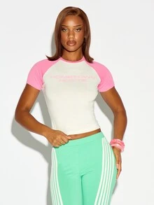 SUMWON WOMEN Hometown Hottie Slogan Crop Raglan T-Shirt With Pink Color Block Short Sleeves And Crew Neck Ready Slim Fit Tee - Hot Pink - View 4