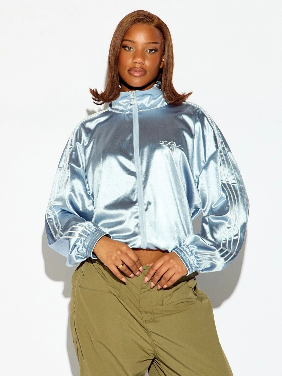 SUMWON WOMEN Glossy Satin Crop Track Top With Full Zip Neck High Collar White Stripe Detail And Logo Embroidery Oversized Fit - Blue - View 1