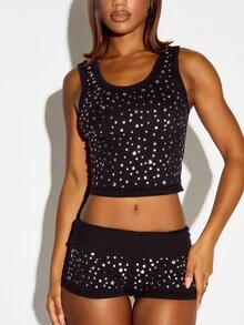 SUMWON WOMEN Studded Crop Tank Top And Micro Shorts Co-Ord Set Silver Metal Eyelet Embellished Two Pieces Festival Party Summer Matching Set - Black - View 4