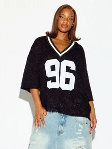 SUMWON WOMEN Oversized Fuzzy Knit V-Neck Sweater Top With Varsity 96 Chest Applique And Contrast Stripe Trim Fall Winter Season - Black - View 1