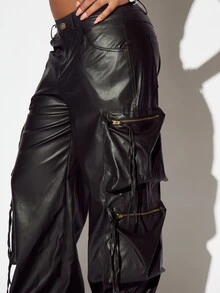 SUMWON WOMEN Faux Leather Wide Leg Cargo Pants With Gold Zipper Pockets And Lace-Up Side Detail Low Rise Fall Winter - Black - View 3
