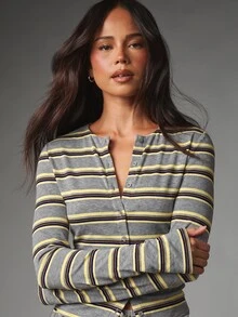 MISSGUIDED Setelan Atasan Henley Lengan Panjang Berkancing Depan dan Celana Panjang Lebar dengan Tali Serut, Terbuat dari Bahan Rajut Jersey Bergaris-garis. - Grey - View 6