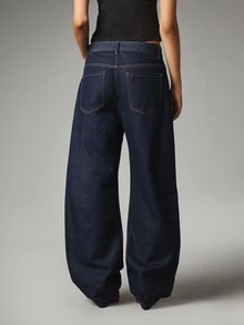 MISSGUIDED Dark Wash Baggy Wide Leg Jeans With Ornate Gold Heart Button Fly Low Rise Elastic Ankle Cuff Denim Pants Party - Navy Blue - View 3