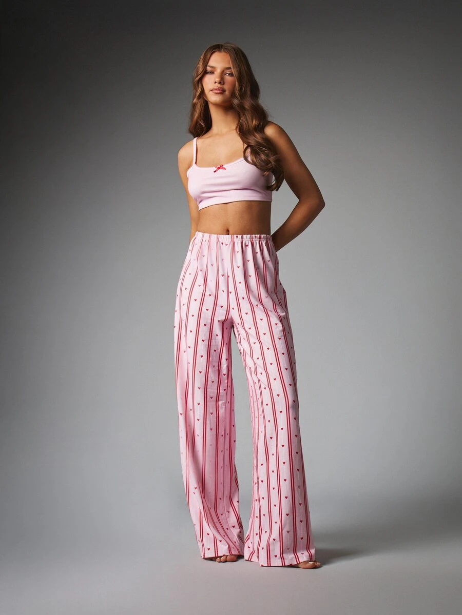 MISSGUIDED Striped Heart Print Bralette And Wide Leg Pajama Set Scoop Neck Crop Top Lounge Co-Ord Valentine's Day Sleepwear Set - Pink - View 1