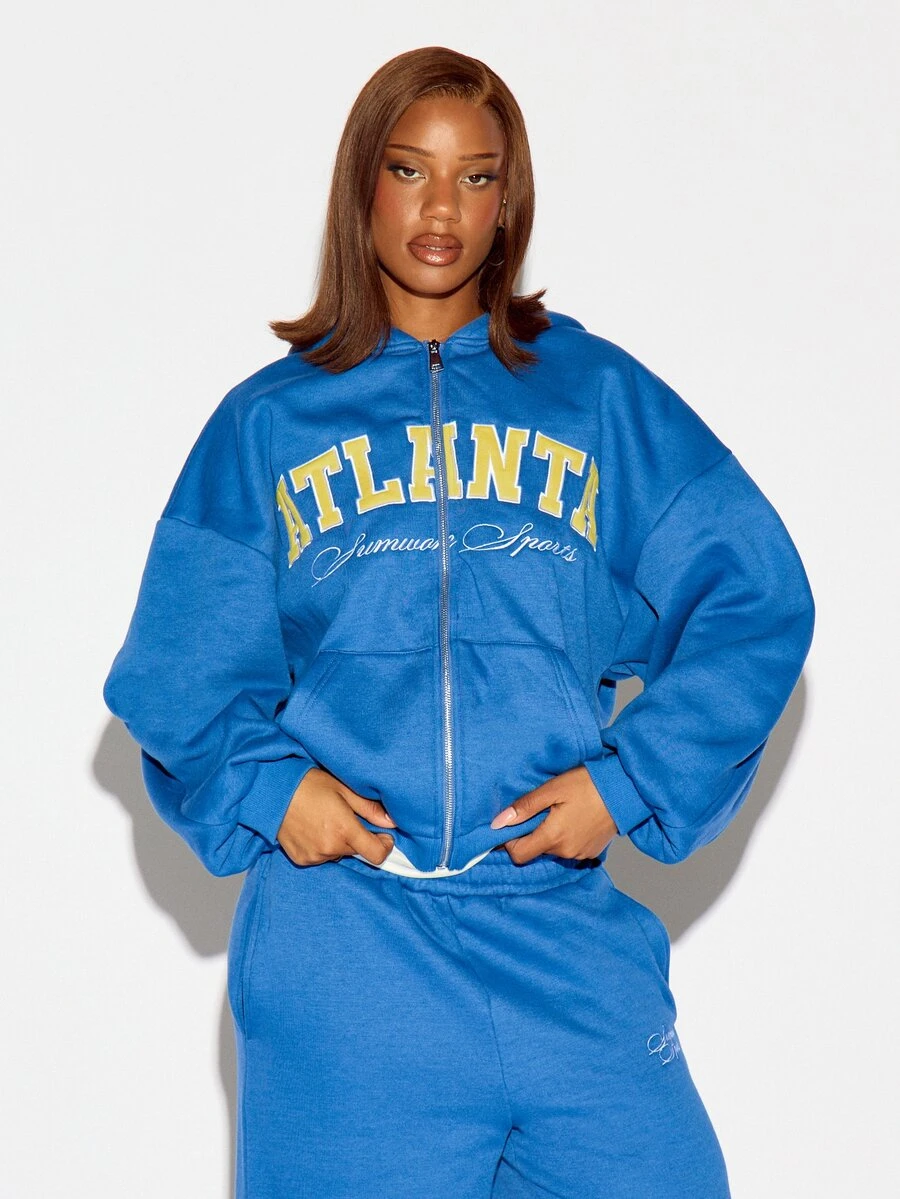 SUMWON WOMEN Winter Essentials Atlanta Sports Oversized Full-Zip Sweatshirt With Varsity Applique Print Long Sleeve Side Pockets Fall Winter Casual Streetwear Autumn Warm Cozy - Blue - View 1