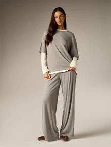 AiiRZ Oversized Striped Co-Ord Set Relaxed Boxy Crew Neck Short Sleeve Top And Flared Wide Leg Casual Trousers Matching Two Pieces Loungewear Outfit - Multicolor - View 1
