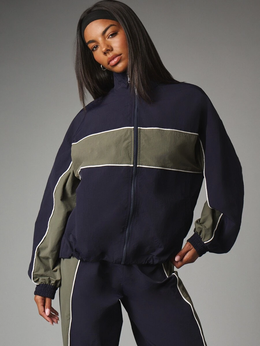 MISSGUIDED Color Block Windbreaker Jacket With Stand Collar Full Zip Closure Contrast Piping Detail Elasticated Cuffs Oversized Fit - Multicolor - View 1