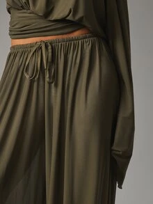 MISSGUIDED Celana Harem Olive dengan Tali Serut, Potongan Longgar, Kaki Lebar, Karet Pergelangan Kaki, Celana Kasual untuk Liburan Musim Panas - Hijau - View 5