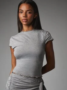 MISSGUIDED Crop Slim Fit Tee And Wide Leg Pants Co-Ord Set With Ruched Skirt Overlay Detail Lettuce Hem Casual Two Pieces Outfit - Grey - View 5