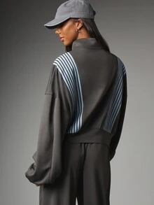 MISSGUIDED Oversized Track Top Full Zip Diagonal Stripe Detail High Neck Long Sleeve Sporty Jacket Spring Summer Casual Streetwear - Dark Grey - View 3