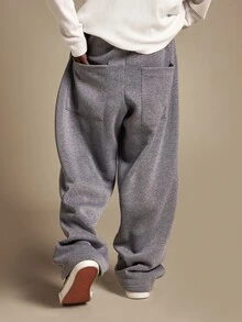 SUMWON Brooklyn Wide Leg Sweatpants With Drawstring Waist Patch Pockets And Logo Print For Everyday Casual Comfort - Grey - View 2