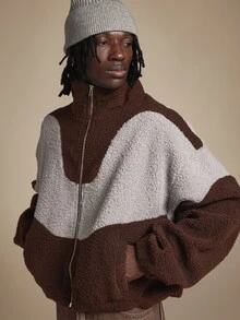 SUMWON Oversized Sherpa Fleece Bomber Jacket Full Zip Color Block High Neck Cozy Winter Outerwear - Multicolor - View 1