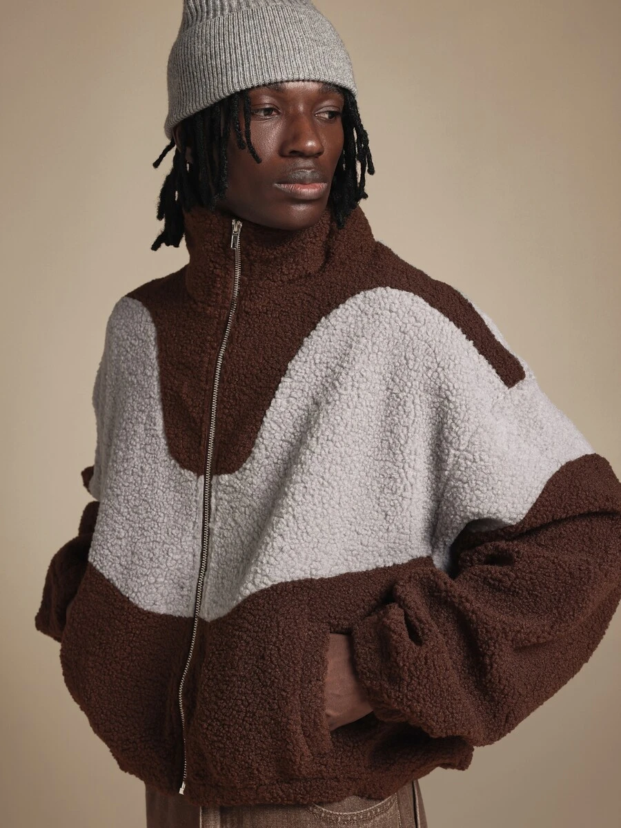 SUMWON Oversized Sherpa Fleece Bomber Jacket Full Zip Color Block High Neck Cozy Winter Outerwear - Multicolor - View 1