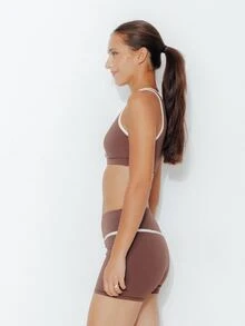 Pimkie Edition Women's Colorblock Pleated Top And Shorts Casual Daily Sports Outfit - Brown - View 3