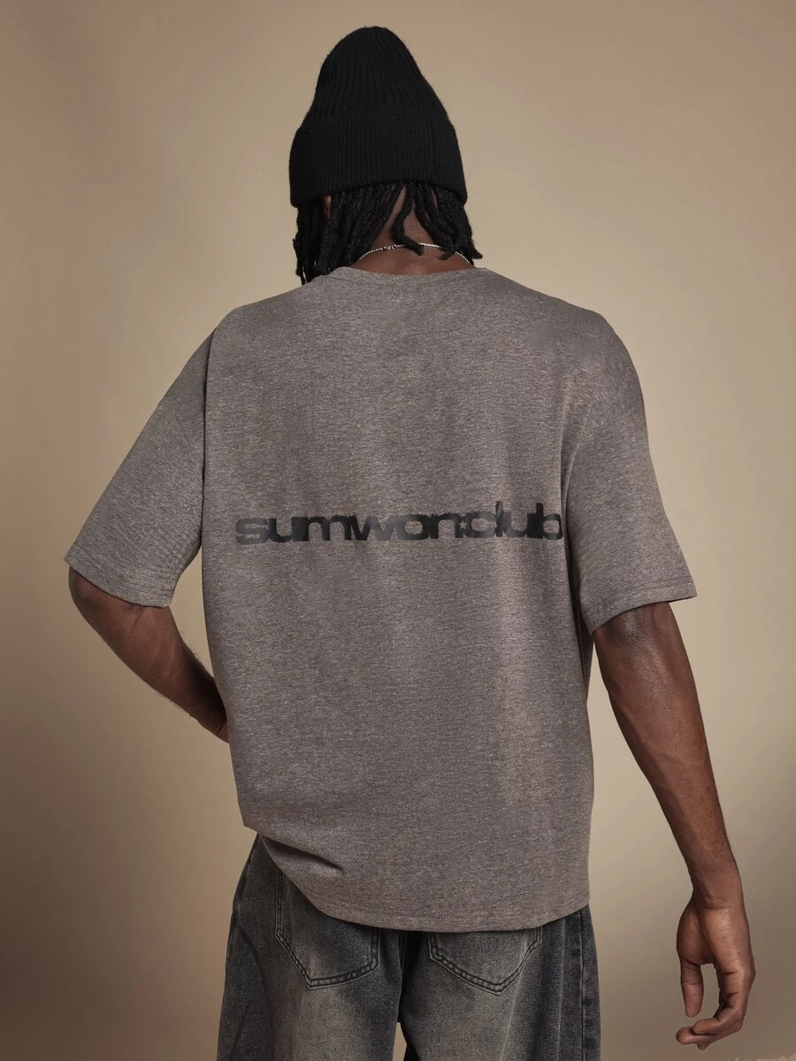 SUMWON Club Oversized Crew Neck T-Shirt With Chest Logo And Back Text Print Short Sleeve Casual Streetwear Top - Grey - View 1