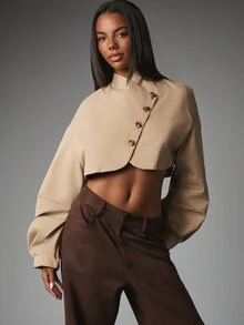 MISSGUIDED Cropped Oversized Blazer Jacket With Stand Collar And Statement Horn Buttons Asymmetric Wrap Front Balloon Sleeves Fall Winter Outerwear - Khaki - View 1