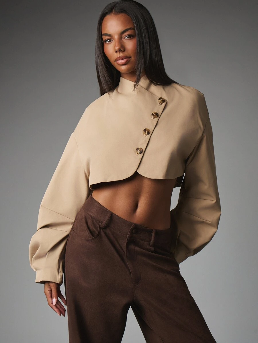MISSGUIDED Cropped Oversized Blazer Jacket With Stand Collar And Statement Horn Buttons Asymmetric Wrap Front Balloon Sleeves Fall Winter Outerwear - Khaki - View 1