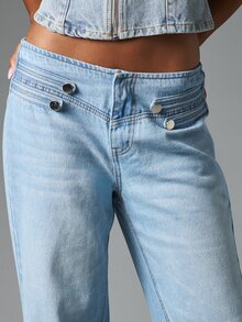 MISSGUIDED Low Rise Wide Leg Jeans With Button Waistband Detail And V-Shape Waist Full Length Denim Pants Summer Festival Style - Light Wash - View 4