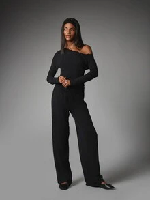 MISSGUIDED Off-Shoulder Long Sleeve Lace Trim Co-Ord Set With Wide Leg Drawstring Pants Elegant Two-Piece Loungewear Outfit - Black - View 1