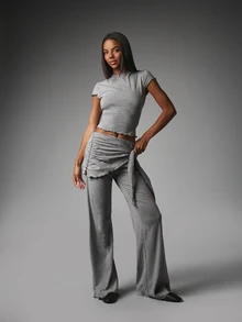 MISSGUIDED Crop Slim Fit Tee And Wide Leg Pants Co-Ord Set With Ruched Skirt Overlay Detail Lettuce Hem Casual Two Pieces Outfit - Grey - View 1