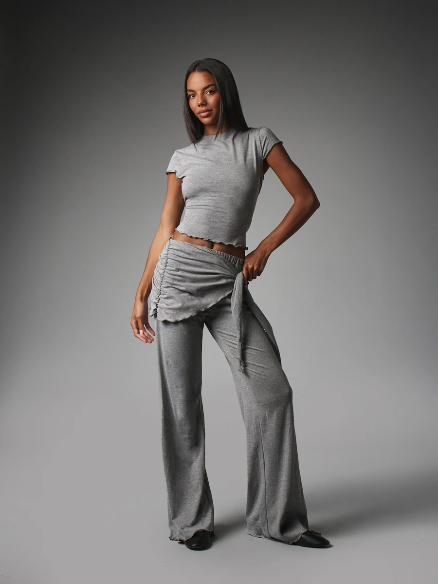 MISSGUIDED Crop Slim Fit Tee And Wide Leg Pants Co-Ord Set With Ruched Skirt Overlay Detail Lettuce Hem Casual Two Pieces Outfit - Grey - View 1