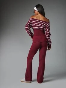MISSGUIDED Striped Off-Shoulder Cropped Knit Sweater And High Rise Flared Knit Pants Co-Ord Set Autumn Winter Two Pieces Outfit - Multicolor - View 2
