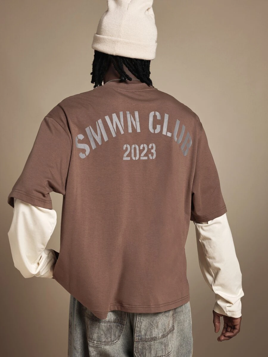 SUMWON Club 2023 Back Text Print Boxy Crop Crew Neck Short Sleeve Oversized T-Shirt Casual Street Style Top - Multicolor - View 1