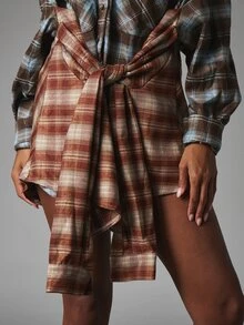 MISSGUIDED Oversized Plaid Flannel Shirt With Long Sleeves Chest Pockets And Tie Detail In Autumn Winter Colorblock Style - Multicolor - View 2