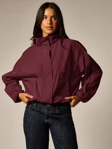 AiiRZ Mock Neck Zip-Up Cropped Windbreaker Jacket With Elastic Cuffs And Relaxed Oversized Silhouette For Fall Autumn Layering - Burgundy - View 1
