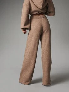 MISSGUIDED Knit Wide Leg Lounge Pants With Drawstring Waist And Ribbed Waistband Cozy Fall Winter Everyday Essential - Brown - View 3
