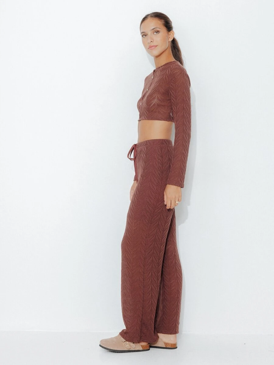 Pimkie Edition Women's Solid Color Long Sleeve Top And Pants Casual Daily Set - Brown - View 1