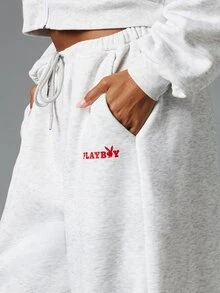 Missguided x Playboy Oversized Bunny Logo Embroidered Wide Leg Sweatpants With Drawstring Waist And Side Pockets Cozy Fleece Jogger Style - Grey - View 4