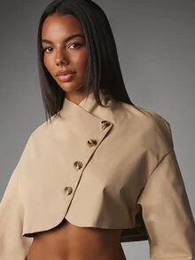 MISSGUIDED Cropped Oversized Blazer Jacket With Stand Collar And Statement Horn Buttons Asymmetric Wrap Front Balloon Sleeves Fall Winter Outerwear - Khaki - View 5