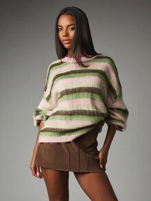 MISSGUIDED Oversized Striped Crew Neck Sweater Knit Pullover With Long Sleeves Cozy Fall Winter Holiday Knitwear - Multicolor - View 5