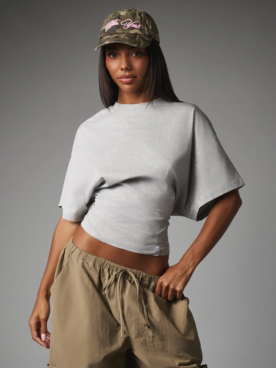 MISSGUIDED Oversized Crop Crew Neck Boxy Short Sleeve T-Shirt With Drop Shoulder And Fitted Hem Summer Casual Top - Grey - View 1