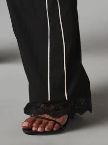 MISSGUIDED Wide Leg Casual Pants With Contrast Piping Side Stripe And Lace Trim Hem Drawstring Elastic Waist Flowy Full Length Trousers - Black - View 3