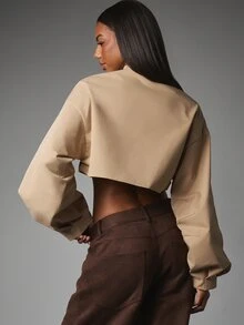 MISSGUIDED Cropped Oversized Blazer Jacket With Stand Collar And Statement Horn Buttons Asymmetric Wrap Front Balloon Sleeves Fall Winter Outerwear - Khaki - View 3