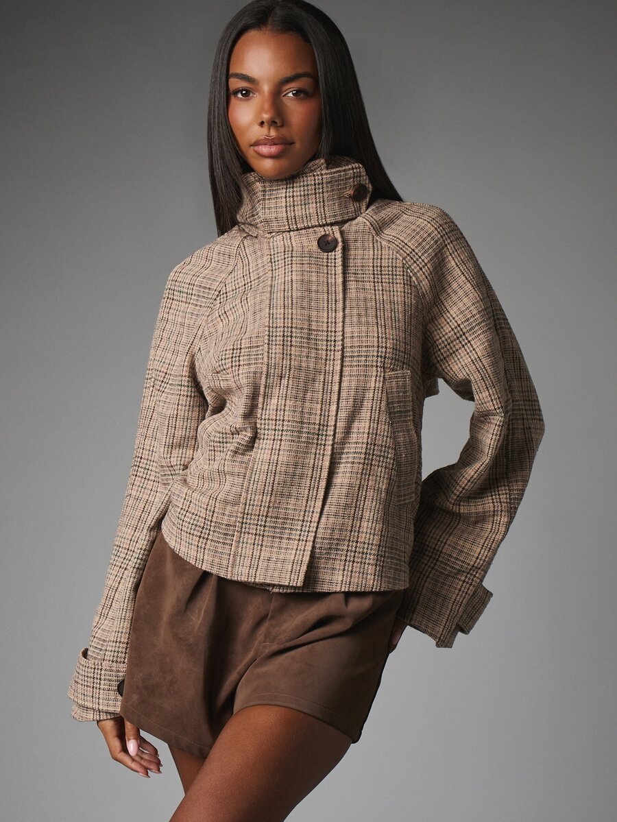 MISSGUIDED Cropped Plaid Wool-Blend Jacket With Stand Collar And Button Closure Fall Winter Outerwear Coat - Multicolor - View 1