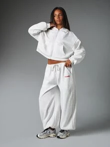 Missguided x Playboy Oversized Bunny Logo Embroidered Wide Leg Sweatpants With Drawstring Waist And Side Pockets Cozy Fleece Jogger Style - Grey - View 3