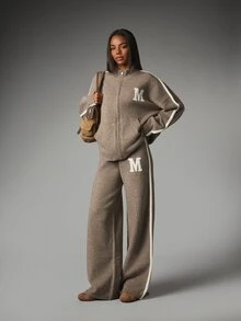 MISSGUIDED Wide Leg Knit Lounge Pants With Contrast Side Stripe And Varsity Logo Detail High Rise Full Length Fall Winter - Grey - View 2