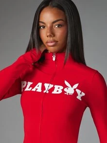 Missguided x Playboy Bunny Logo Full-Zip Crop Top Long Sleeve High Neck Slim Fit Lightweight Zip-Up Jacket With Chest Print - Red - View 5