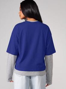 MISSGUIDED Oversized Drop Shoulder Pocket Tee With Layered Long Sleeve Contrast Insert Round Neck Casual Top - Blue - View 2