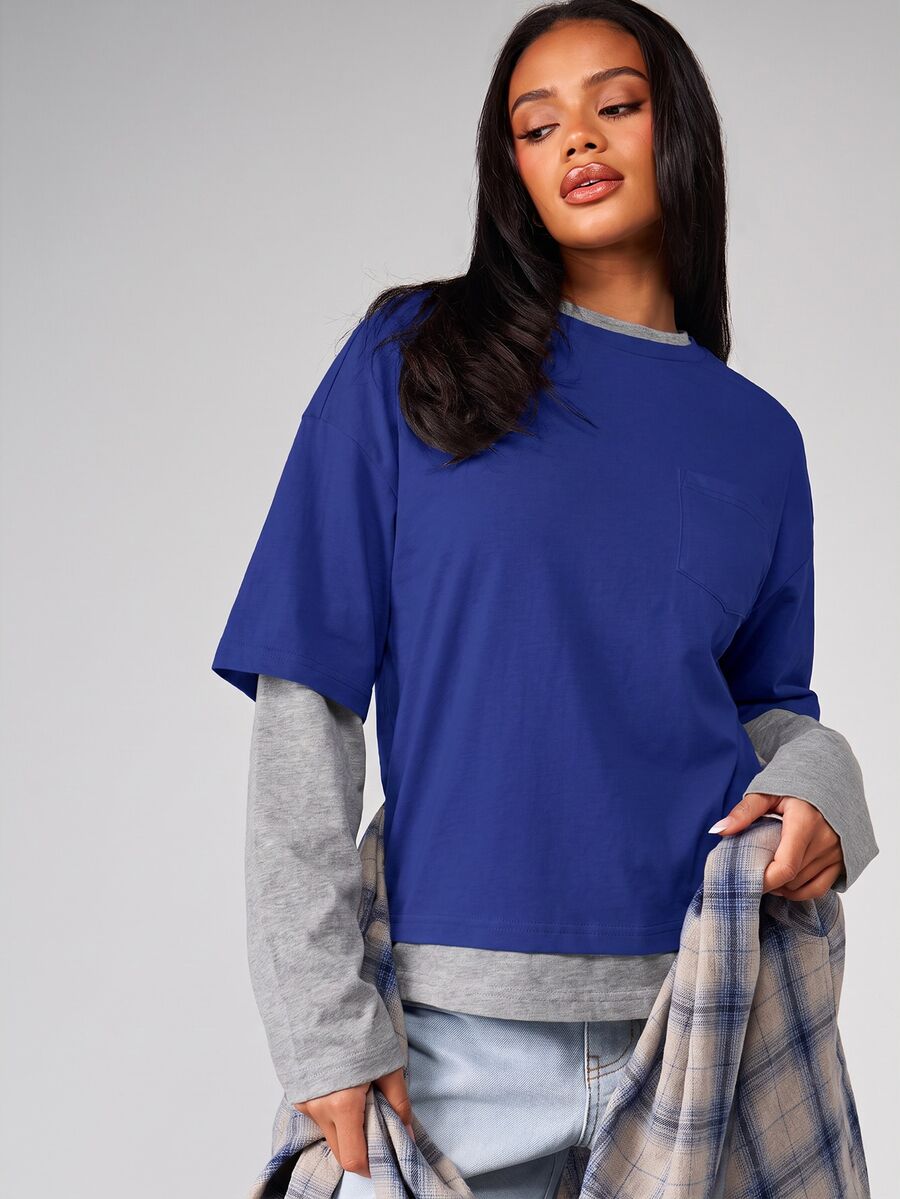 MISSGUIDED Oversized Drop Shoulder Pocket Tee With Layered Long Sleeve Contrast Insert Round Neck Casual Top - Blue - View 1