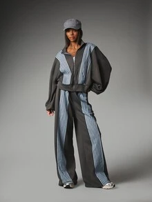 MISSGUIDED Oversized Track Top Full Zip Diagonal Stripe Detail High Neck Long Sleeve Sporty Jacket Spring Summer Casual Streetwear - Dark Grey - View 4
