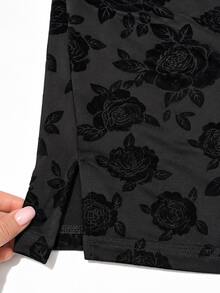Zerodot Women Black Flocked Floral One Shoulder With Draped Cowl Back Mini Dress Vacation Party Fall Pre Fall - Black - View 7